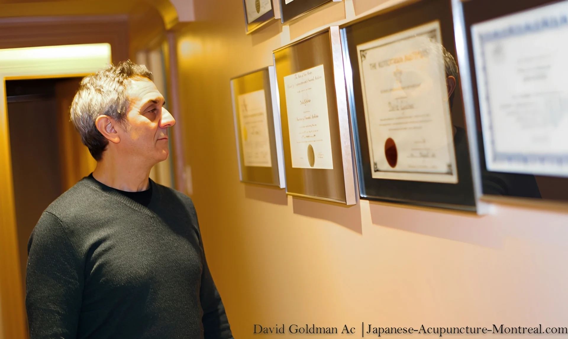 Person viewing wall of awards