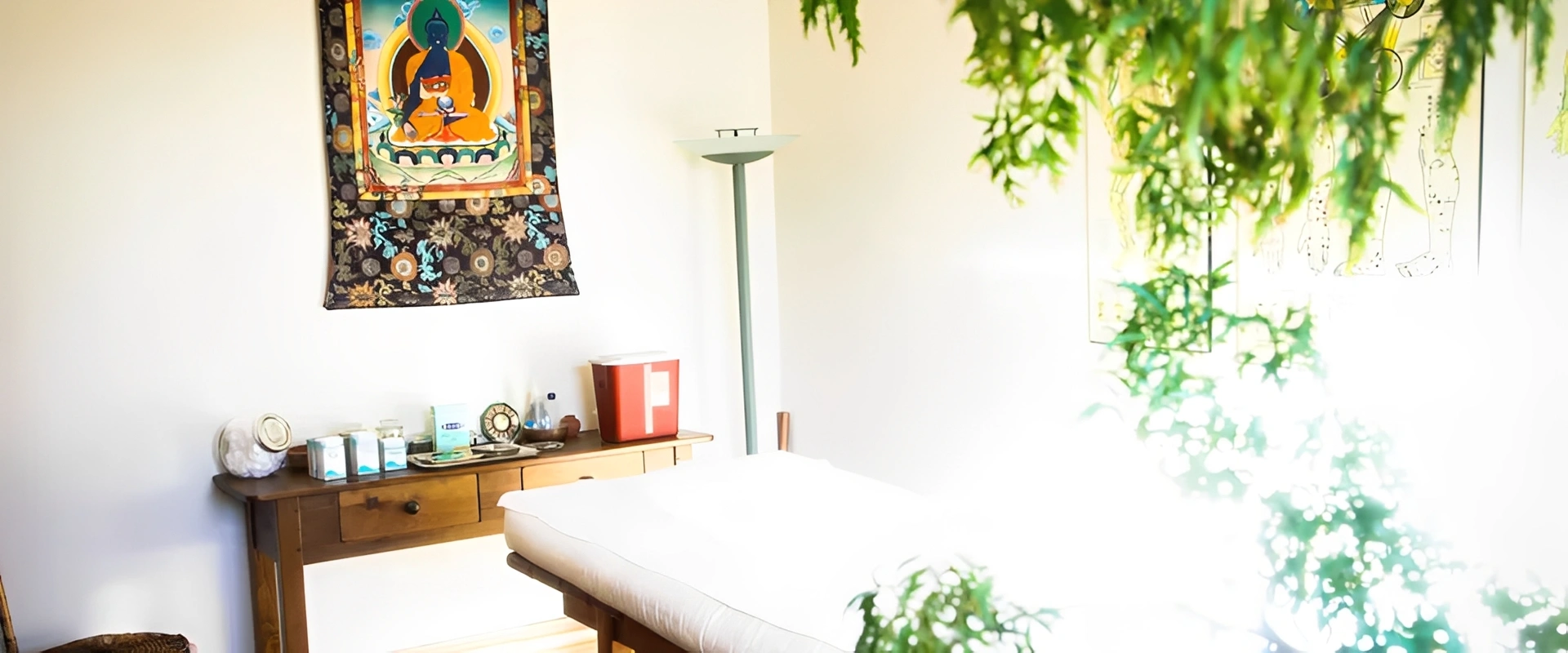 Relaxing spa room with greenery.